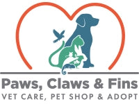 Logo of Paws, Claws & Fins with a cat, dog, and lizard on a white background